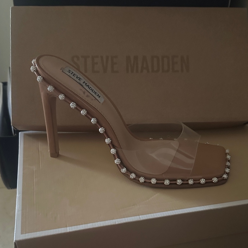 Steve Madden Clear and Tan Embellished Heels